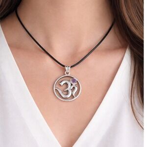 Vintage Sterling Silver Om Pendant with Purple Stone Necklace